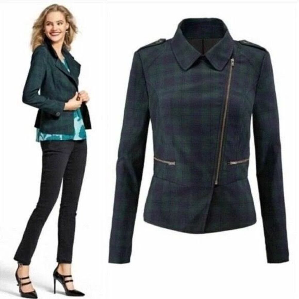 Cabi Women’s Moto Jacket Blazer Size 4 Blue Green Tartan Plaid Zip Stretch 3181